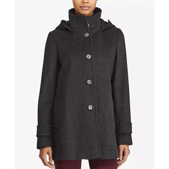 Ralph Lauren women's Hooded Walker Coat - Size Large - Dark Grey - Picture 1 of 6